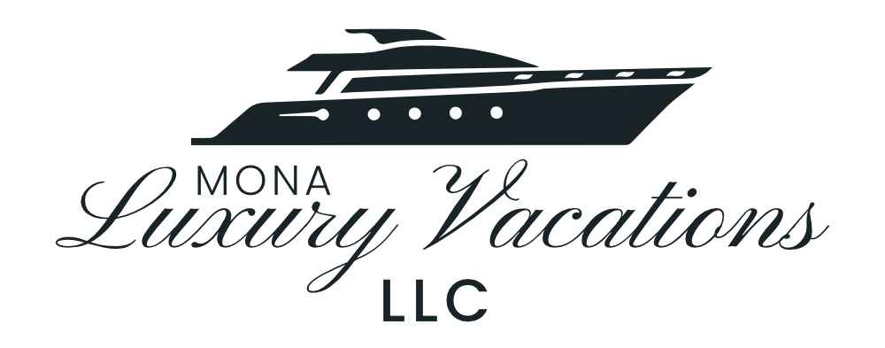 The "Mona Luxury Vacations LLC" company logo features a dark silhouette of a luxury motor yacht at the top, with the words "Luxury Vacations" written in cursive below in smaller letters, along with the words "MONA" and "LLC."